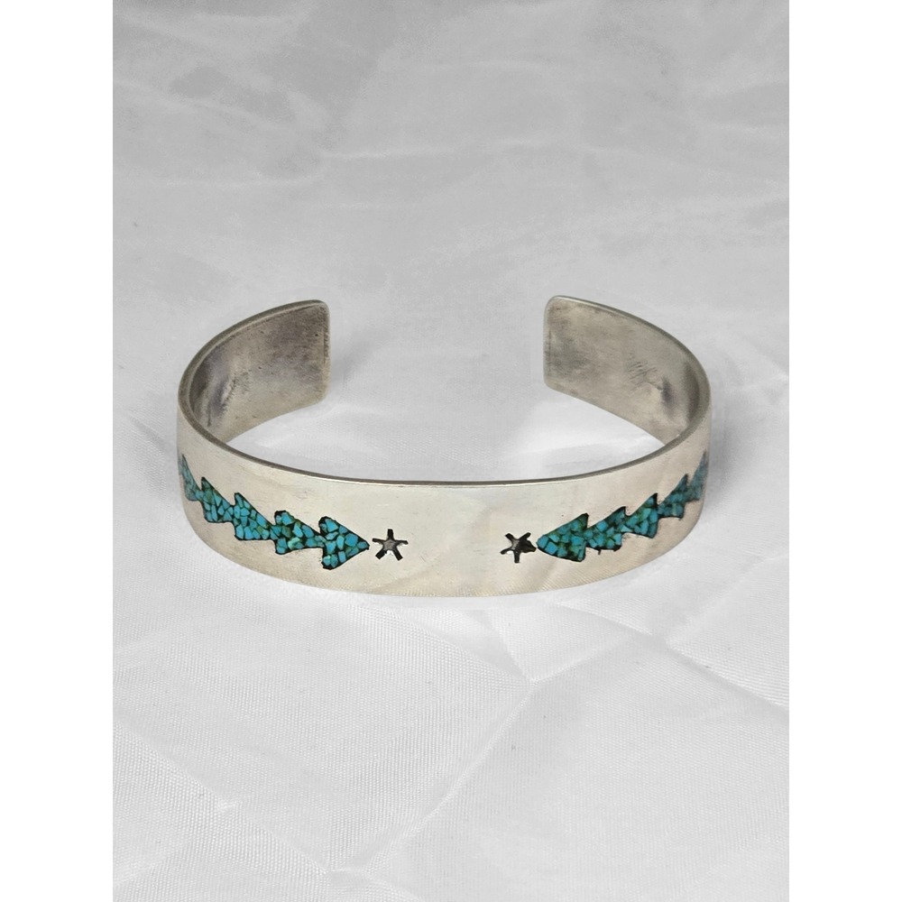 Vintage Turquoise Chip Inlay Arrow Star Silver Tone Cuff Bracelet 27.6g